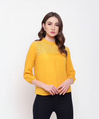 MAYRA Casual 3/4 Sleeve Self Design Women Yellow Top