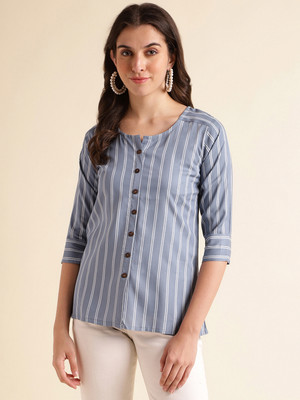 Fabclub Casual Striped Women Grey, White Top