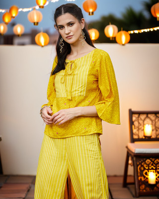 PANNKH Casual 3/4 Sleeve Printed Women Yellow Top