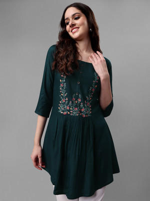 Anmi Embroidered Women Flared Kurta(Blue)