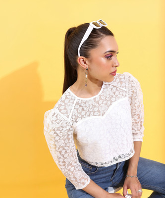 Tokyo Talkies Casual Self Design Women White Top