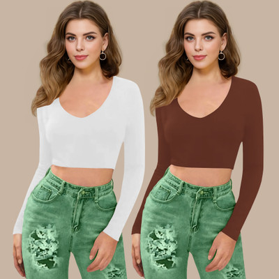 Dream Beauty Fashion Casual Solid Women Brown, White Top