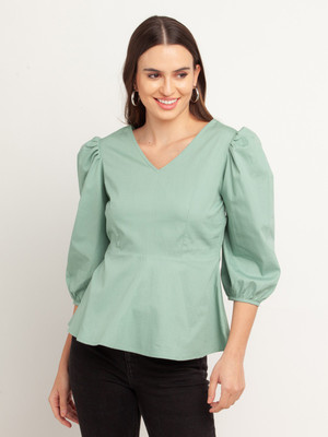 Zink London Casual Solid Women Light Green Top