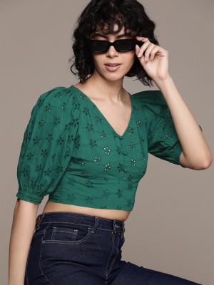 Roadster Casual Embroidered Women Dark Green Top