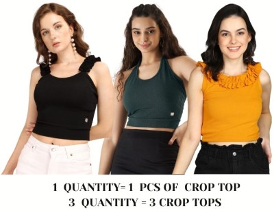 Prettify Casual Solid Women Dark Green, Black, Yellow Top