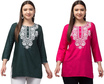 Aura Glam Women Chikan Embroidery A-line Kurta(Dark Green, Pink)
