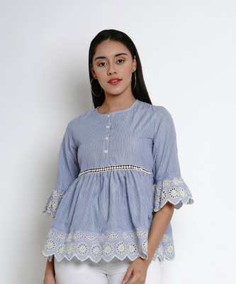 Bhama COUTURE Casual 3/4 Sleeve Striped Women Blue Top