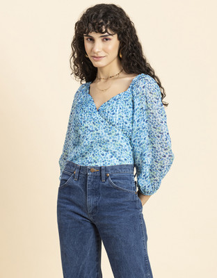 moomaya Casual Printed Women Light Blue, Green, Blue Top