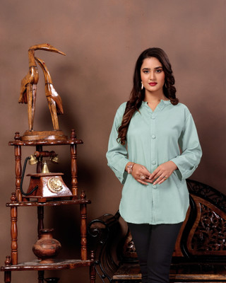 FULPARI Casual Solid Women Light Blue Top