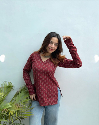 Chetan Textile Party Printed Women Maroon Top
