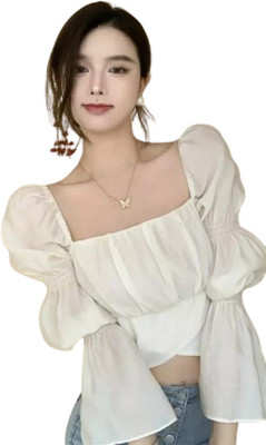 MOJOO Casual Solid Women White Top