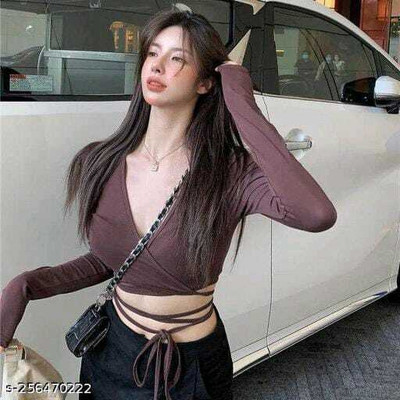 glitsy Casual Solid Women Brown Top