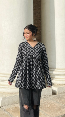 Tanu Creation Casual Ethnic Motifs Women Black, White Top