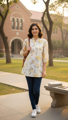 BITTERLIME Casual Floral Print Women Yellow Top