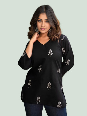 Kashonaa Women Printed Straight Kurta(Black)