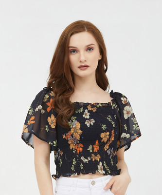 HARPA Casual Short Sleeve Solid Women Dark Blue Top