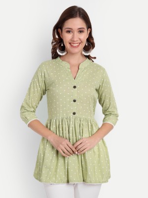 HANUMNTRA Casual Polka Print Women Light Green Top