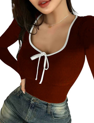 PERFETTE WOLLO Casual Solid Women Maroon Top