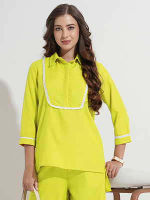 FashFun Casual 3/4 Sleeve Solid Women Green Top