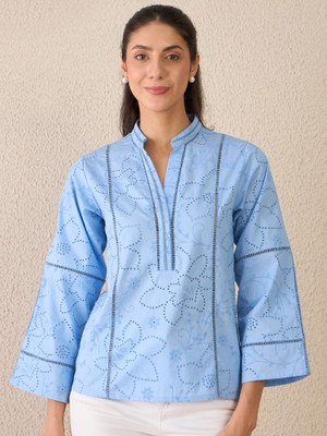 Delan Casual Self Design Women Light Blue Top