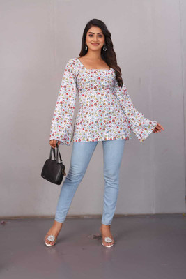 MADHAV Casual Floral Print Women White Top