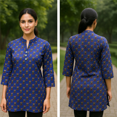 Subhla Art Casual Floral Print Women Blue Top
