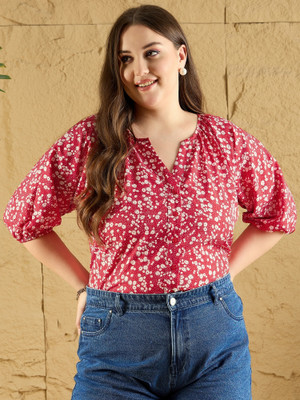 Berrylush Curve Casual Printed Women Red Top