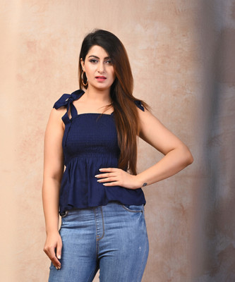 FrionKandy Casual Solid Women Dark Blue Top