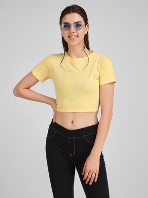 DEEPMAYRA COLLECTION Casual Short Sleeve Solid Women Yellow Top