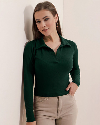 WIZULO TRENDZ Casual Self Design Women Green Top