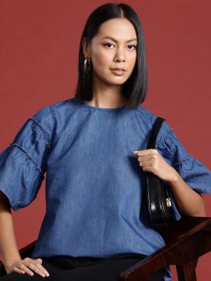 all about you Casual Solid Women Blue Top