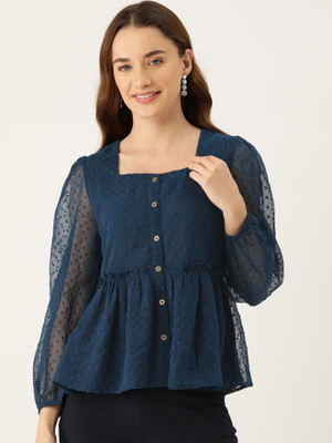 Moda Rapido Casual Self Design Women Blue Top