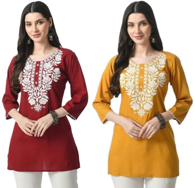 Aura Glam Women Chikan Embroidery A-line Kurta(Maroon, Yellow)