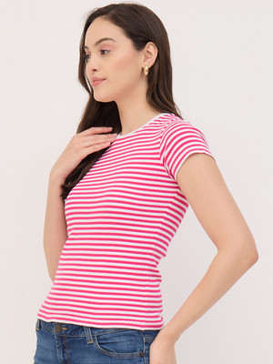 BRONATION Casual Striped Women Pink Top