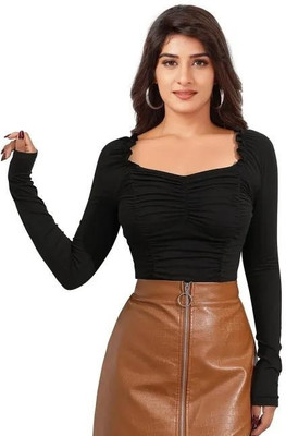 Omment Casual Solid Women Black Top