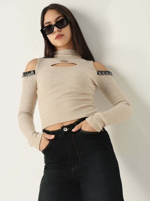 Showoff Casual Solid Women Beige Top