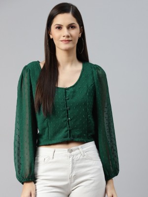 PLUSS Casual Self Design Women Green Top