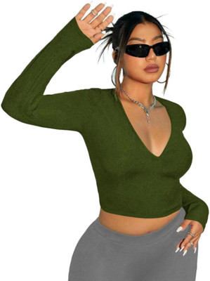 THE BLAZZE Casual Solid Women Dark Green Top