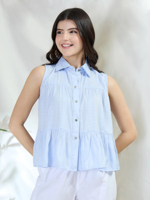 METRONAUT Casual Solid Women Blue Top