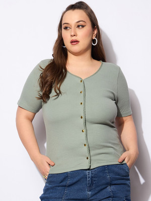 SASSAFRAS Curve Casual Solid Women Green Top