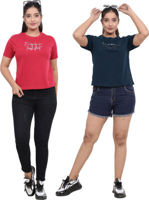 JUST LOVE Casual Printed Women Red, Dark Blue Top
