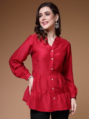 PLUSS Casual Solid Women Red Top