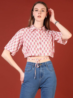 V-MART Casual Printed Women White, Pink Top
