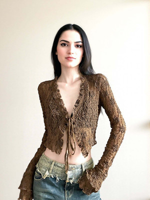 OUTZIDR Casual Self Design Women Brown Top