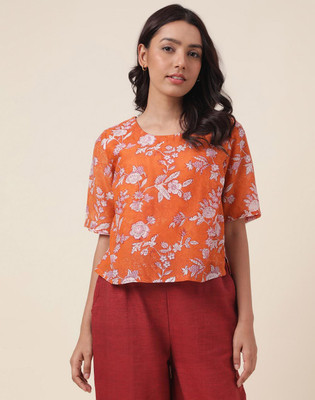Fabindia Casual Floral Print Women Orange Top