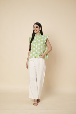 fashoraa Casual Polka Print Women Green Top