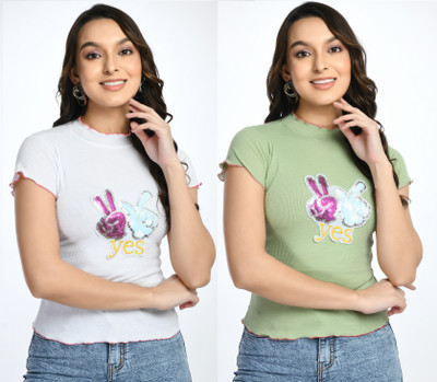 GLADLY Casual Printed Women White, Light Green Top