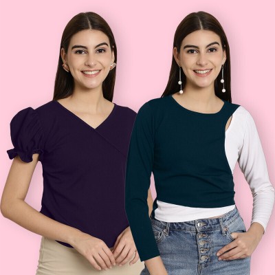 Tromko Casual Solid Women Dark Blue, White, Purple Top