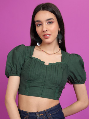 Tokyo Talkies Casual Self Design Women Dark Green Top