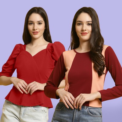 Fabflee Casual Solid Women Maroon, Orange Top